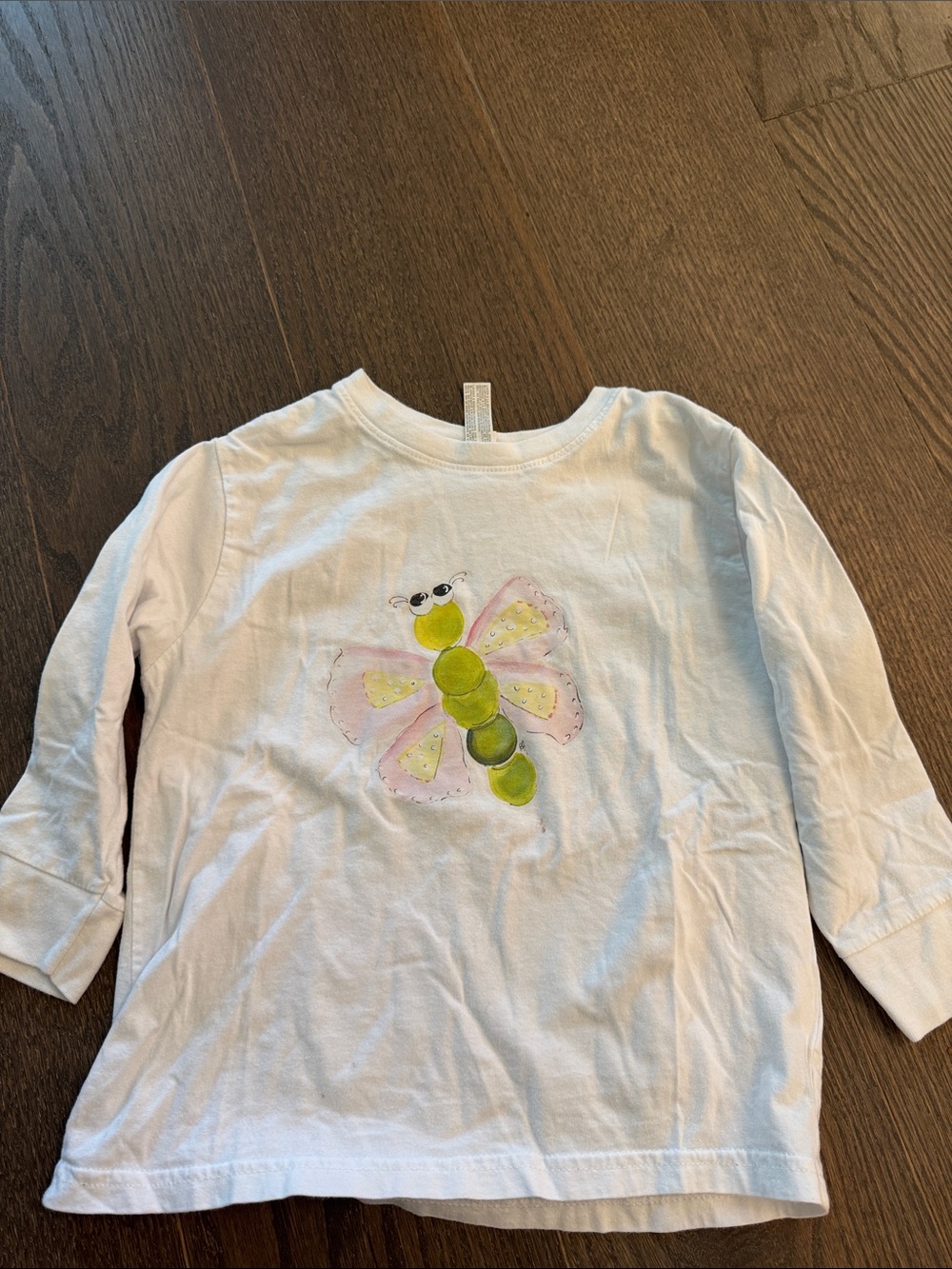 Rabbit Skins White Long Sleeve Tee with Green & Pink Butterfly